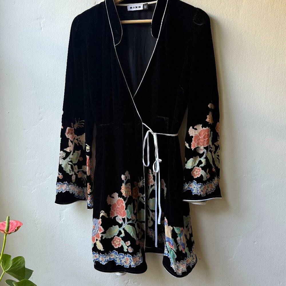 RIXO, Iris Floral-Print Devoré Silk-Velvet Wrap Mini Dress, Small